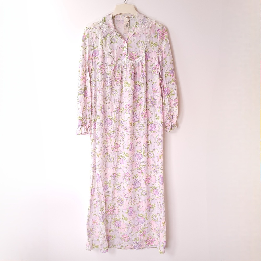NWT Vintage 70's Dreamaway Floral Nightgown Pink Long Sleeve Maxi Dress M